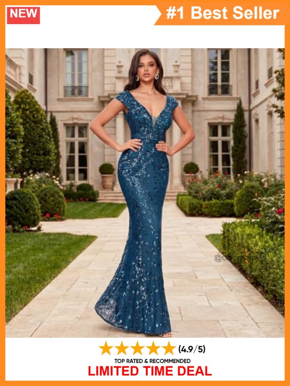 Mermaid Maxi Dress Embroidered Sequin V-Neck Cap Sleeve Formal Gown - Picture 3 of 6
